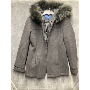 Mackintosh New England Coat Women's Sz S Gray Fox Fur Trim Hood 100% Wool Winter